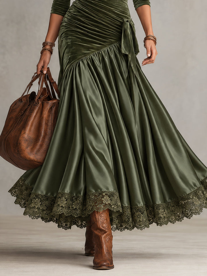 Antonella | Robe longue en velours et satin avec panneaux et fond en dentelle vert olive