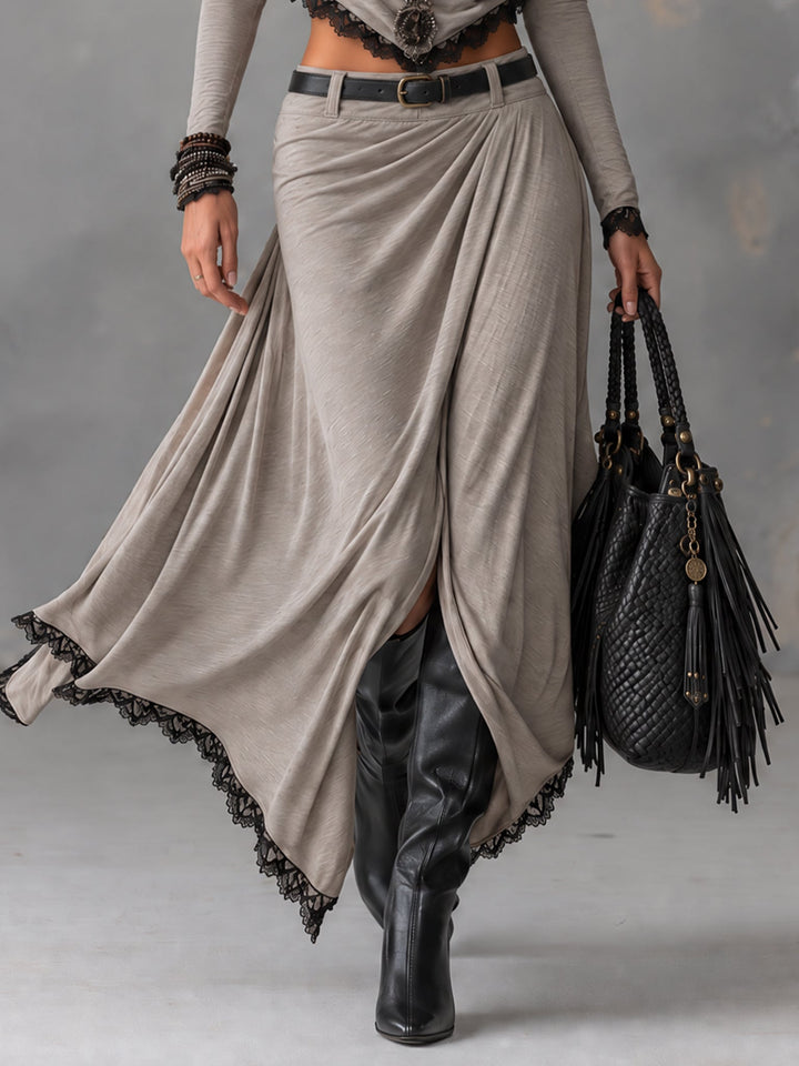 Michela | Ensemble composé d'un top court élastique avec col drapé gris et d'une jupe longue avec fente (ceinture incluse)