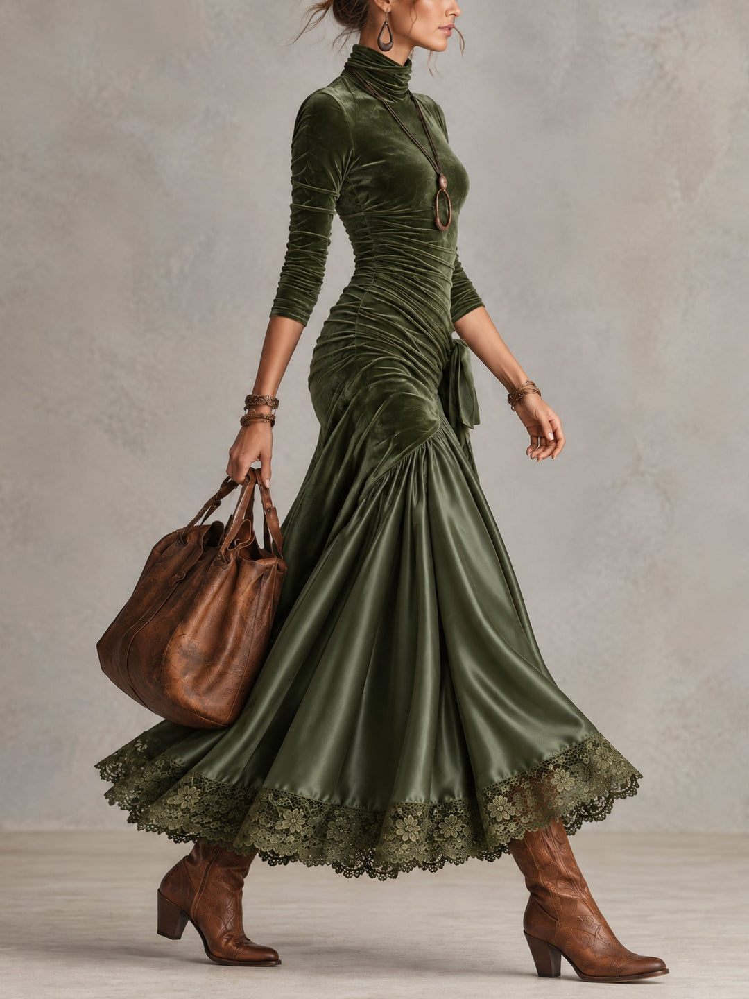 Antonella | Robe longue en velours et satin avec panneaux et fond en dentelle vert olive
