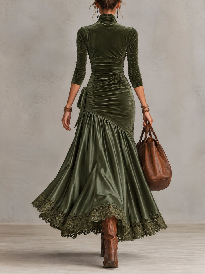 Antonella | Robe longue en velours et satin avec panneaux et fond en dentelle vert olive