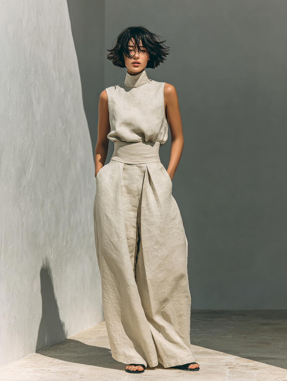 Ensemble minimaliste pour femmes avec blouse sans manches et pantalon large