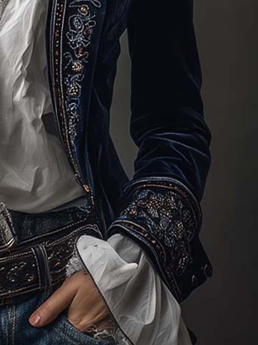 Veste Longue Vintage Brodée Marine pour Femmes