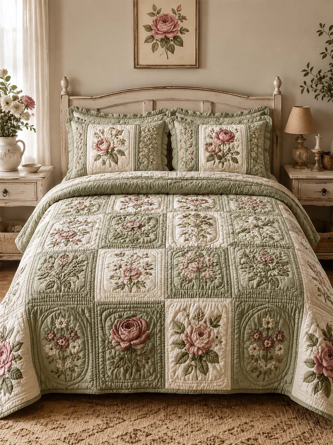 Ensemble de literie matelassé floral vintage 3 pièces