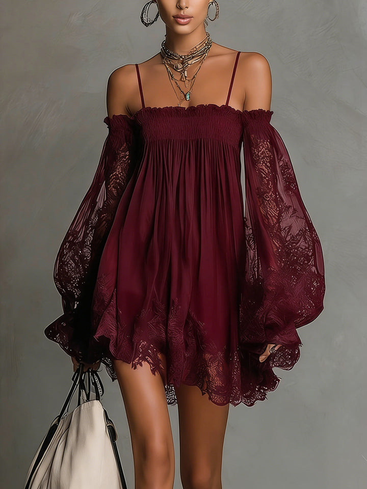Louisa | Robe en Chiffon avec Manches en Dentelle à Épaules Dégagées