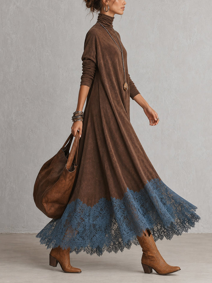 BRUNELLA | Robe Longue Effet Suédé avec Ourlet en Dentelle