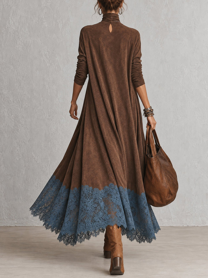 BRUNELLA | Robe Longue Effet Suédé avec Ourlet en Dentelle