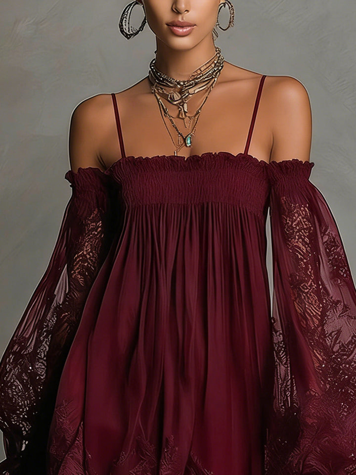 Louisa | Robe en Chiffon avec Manches en Dentelle à Épaules Dégagées