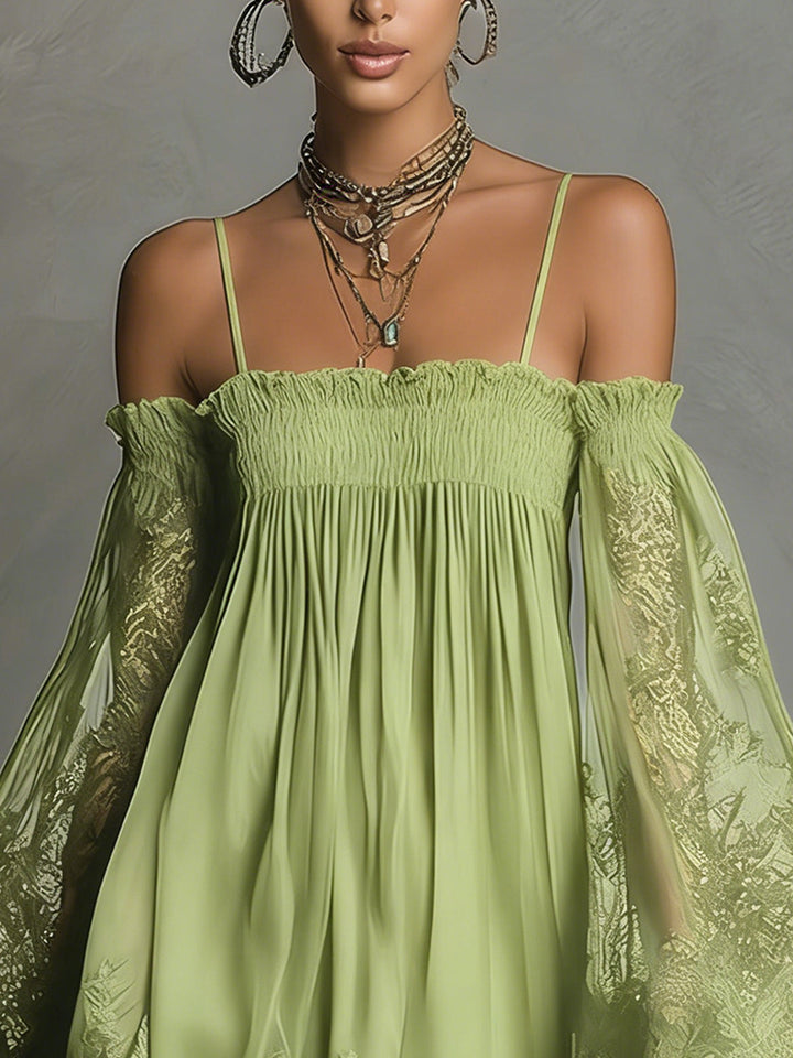Louisa | Robe en Chiffon avec Manches en Dentelle à Épaules Dégagées