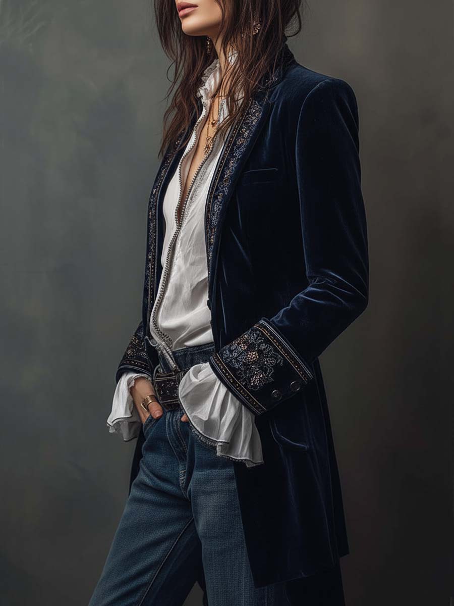 Veste Longue Vintage Brodée Marine pour Femmes