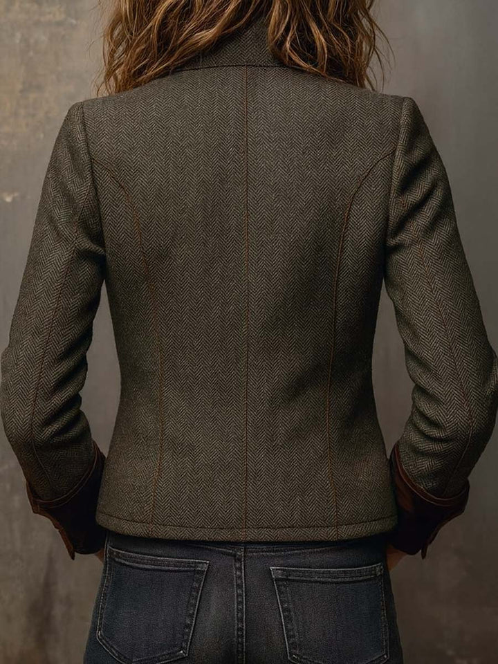 Blazer Vintage Femme en Herringbone avec Bord Contraste