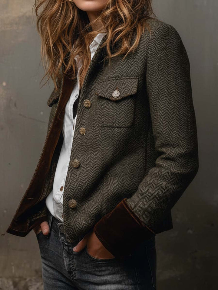 Blazer Vintage à Rayures Chevron avec Détails Contrastants pour Femmes