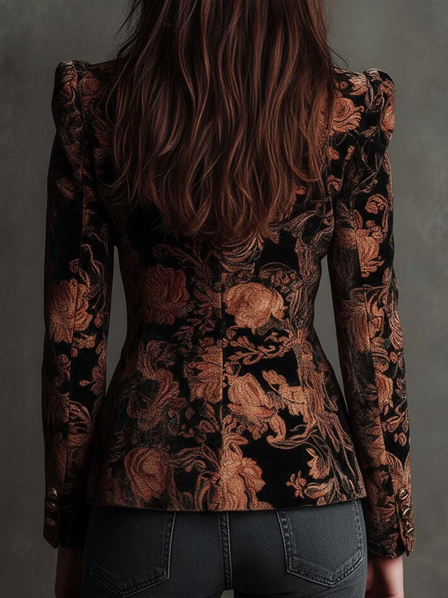 Blazer Tailleur Femme Noir Et Bronze À Imprimé Floral