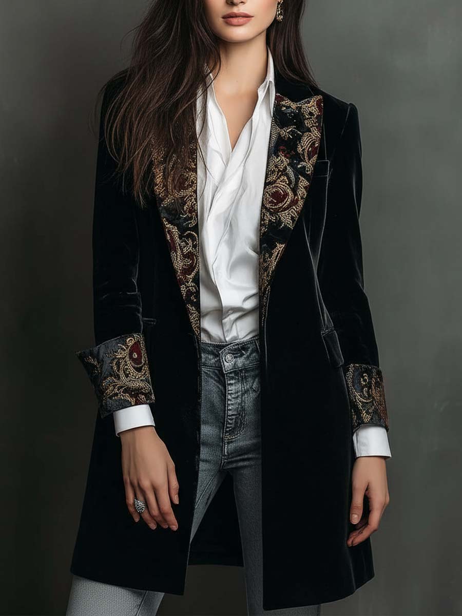 Blazer Slim Fit à Imprimé Baroque Noir pour Femmes