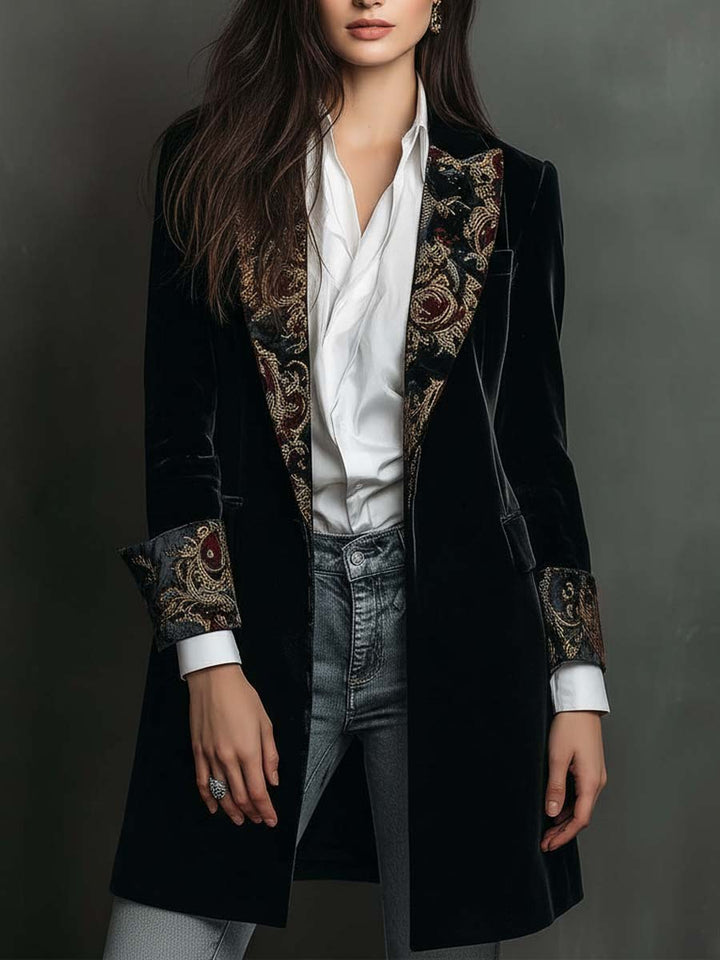 Blazer Slim Fit Noir à Imprimé Baroque pour Femmes