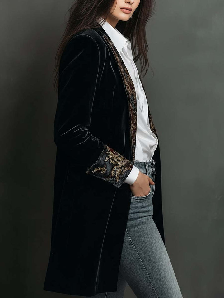 Blazer Slim Fit Noir à Imprimé Baroque pour Femmes