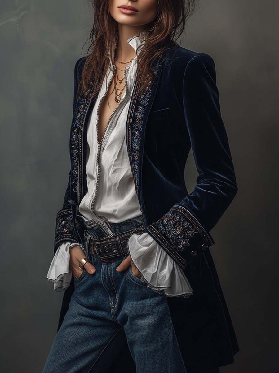 Veste Longue Vintage Brodée Marine pour Femmes