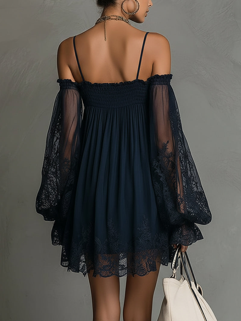 Louisa | Robe en Chiffon avec Manches en Dentelle à Épaules Dégagées