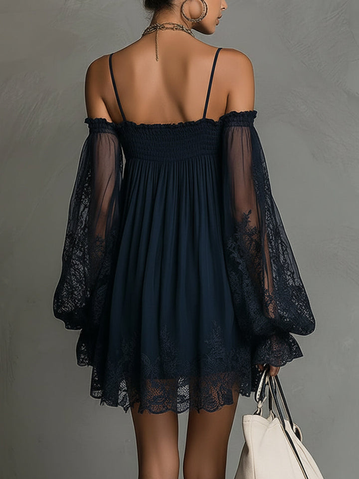 Louisa | Robe en Chiffon avec Manches en Dentelle à Épaules Dégagées