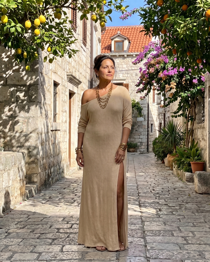 Asterelle | Robe Midi Fluide à Épaule Dénudée avec Fente Latérale
