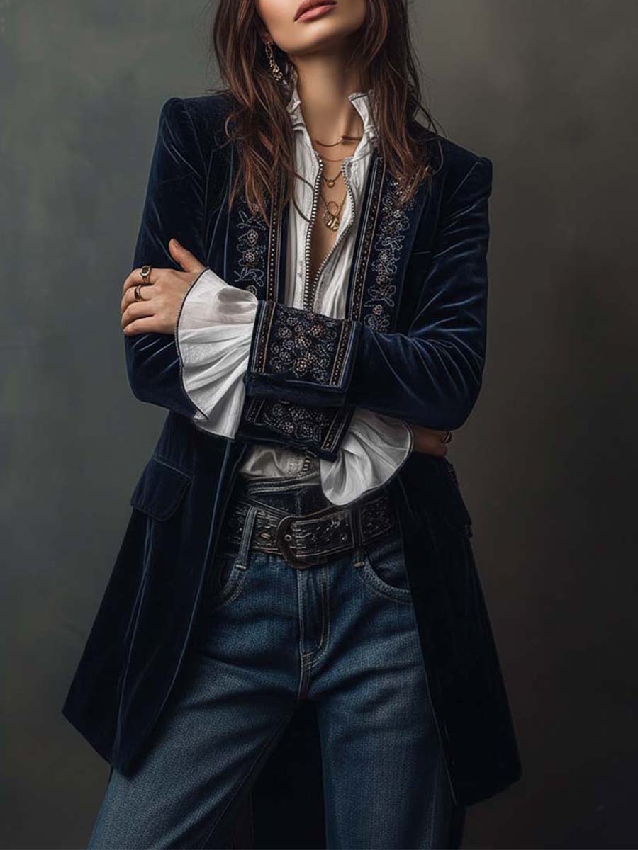 Veste Longue Vintage Brodée Marine pour Femmes