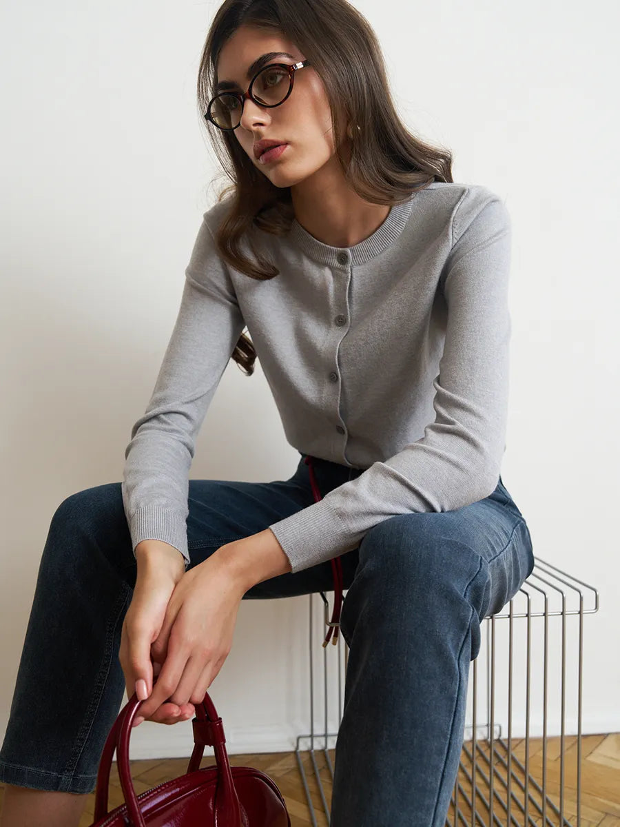 Cardigan femme boutonné — Gris clair — vue 12