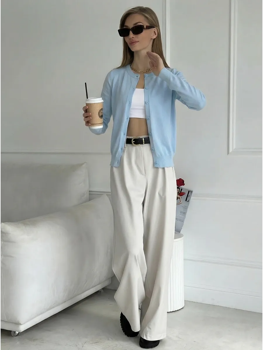 Cardigan femme boutonné — Bleu clair — vue 13