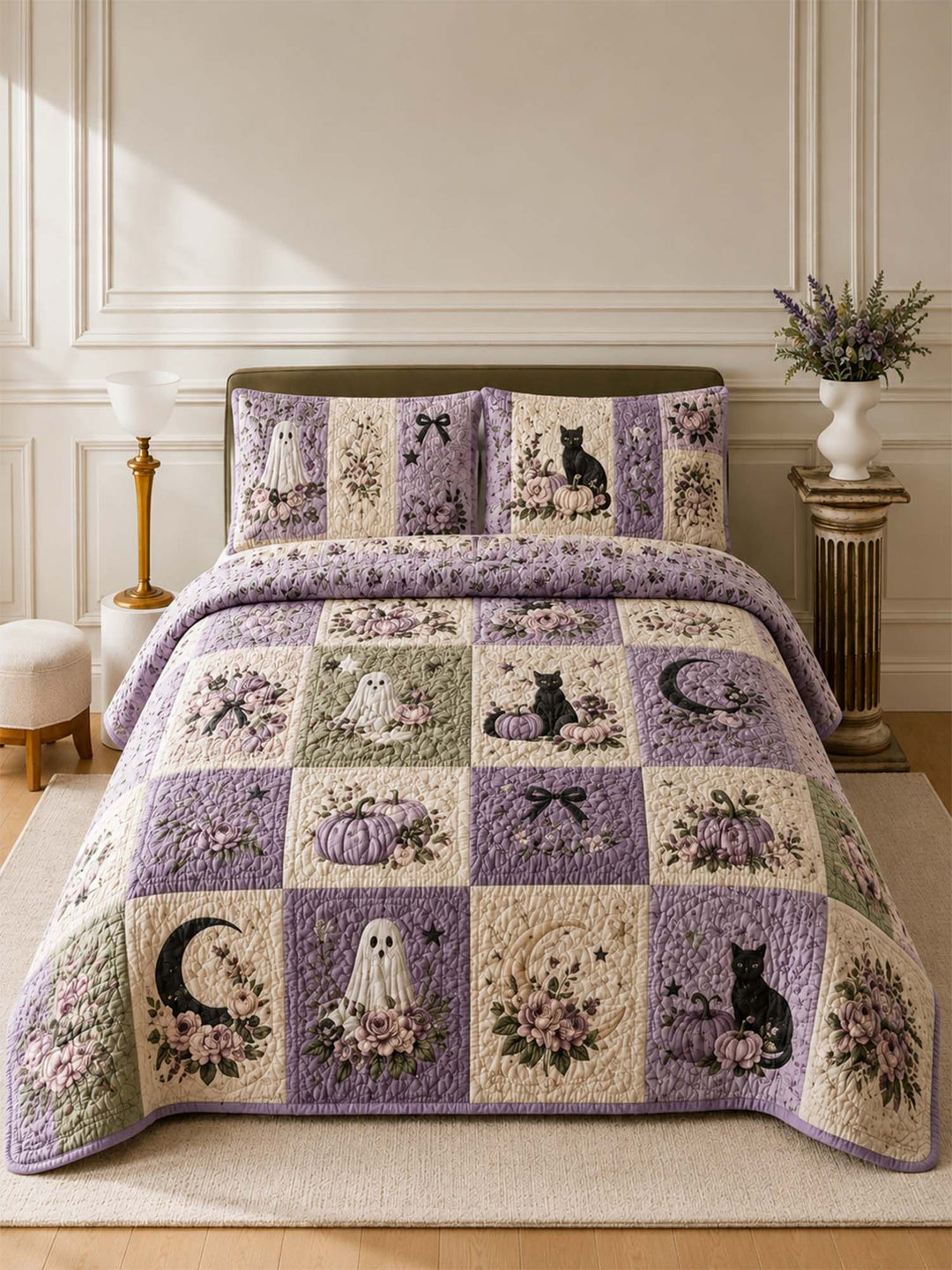 Ensemble de literie matelassé 3 pièces Chat Citrouille Fantôme de Jardin