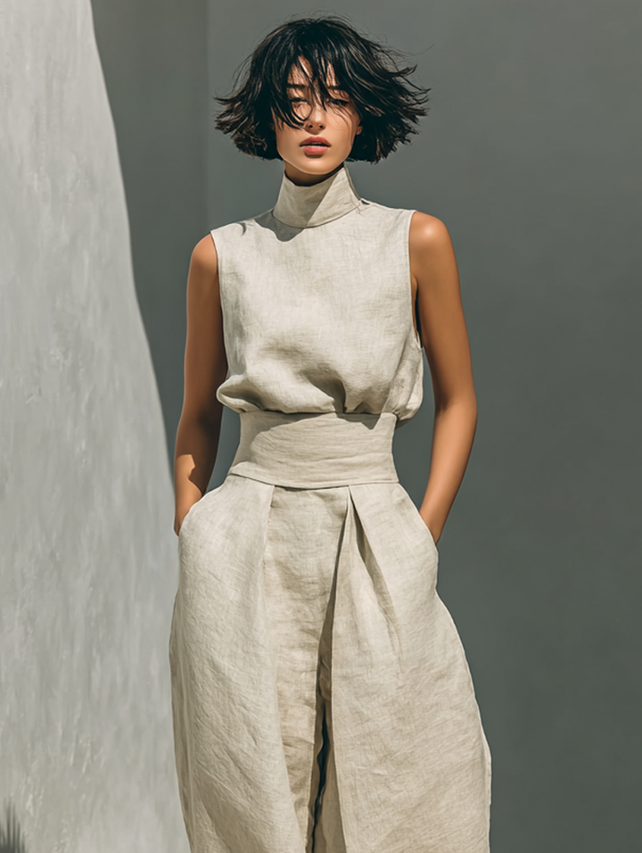 Ensemble minimaliste pour femmes avec blouse sans manches et pantalon large