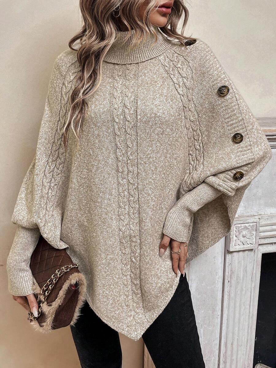 Alexis | Pull Poncho à Col Montant, Manches Chauve-Souris en Tricot Cable, Pullover Asymétrique