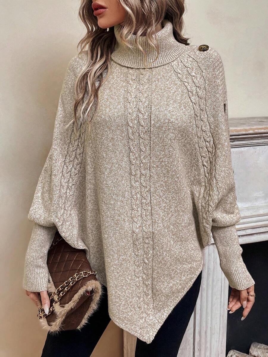 Alexis | Pull Poncho à Col Montant, Manches Chauve-Souris en Tricot Cable, Pullover Asymétrique