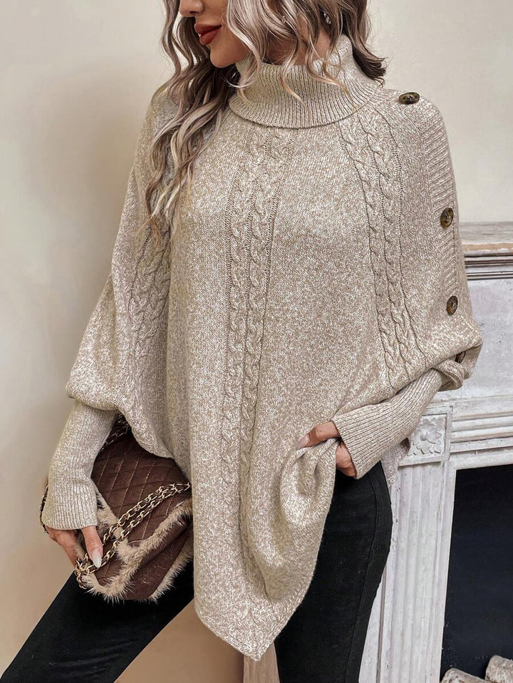 Alexis | Pull Poncho à Col Montant, Manches Chauve-Souris en Tricot Cable, Pullover Asymétrique