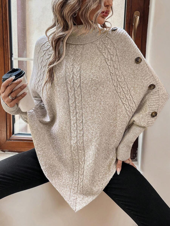 Alexis | Pull Poncho à Col Montant, Manches Chauve-Souris en Tricot Cable, Pullover Asymétrique