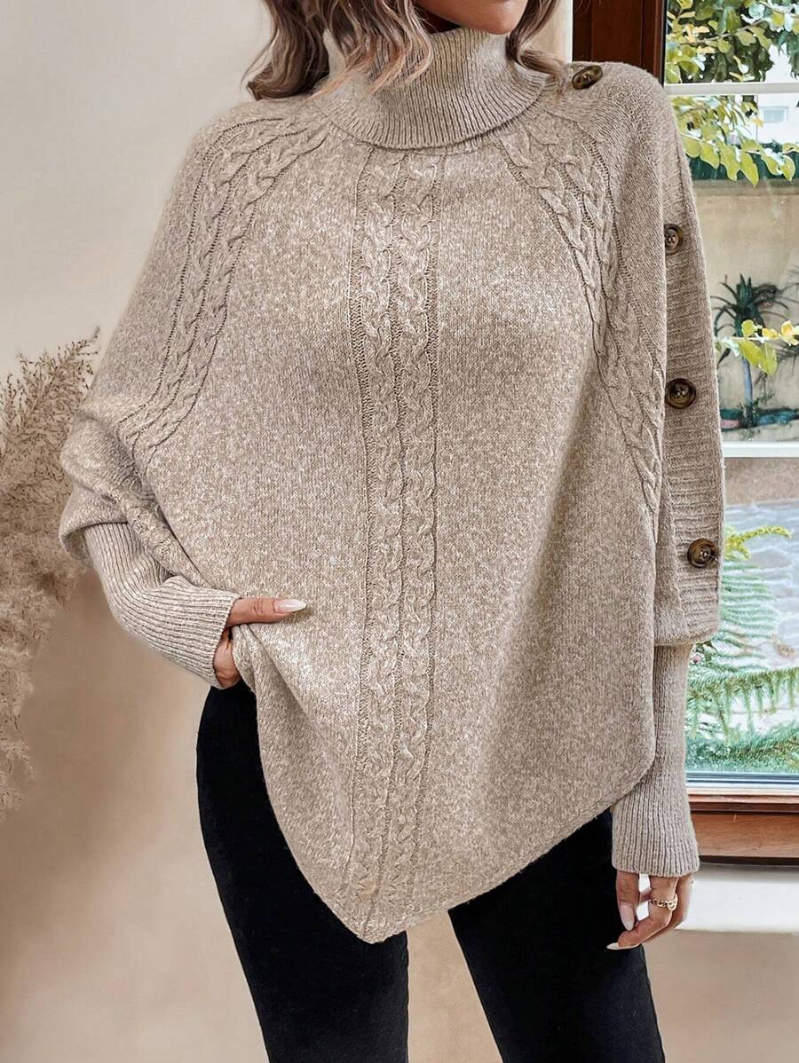 Alexis | Pull Poncho à Col Montant, Manches Chauve-Souris en Tricot Cable, Pullover Asymétrique