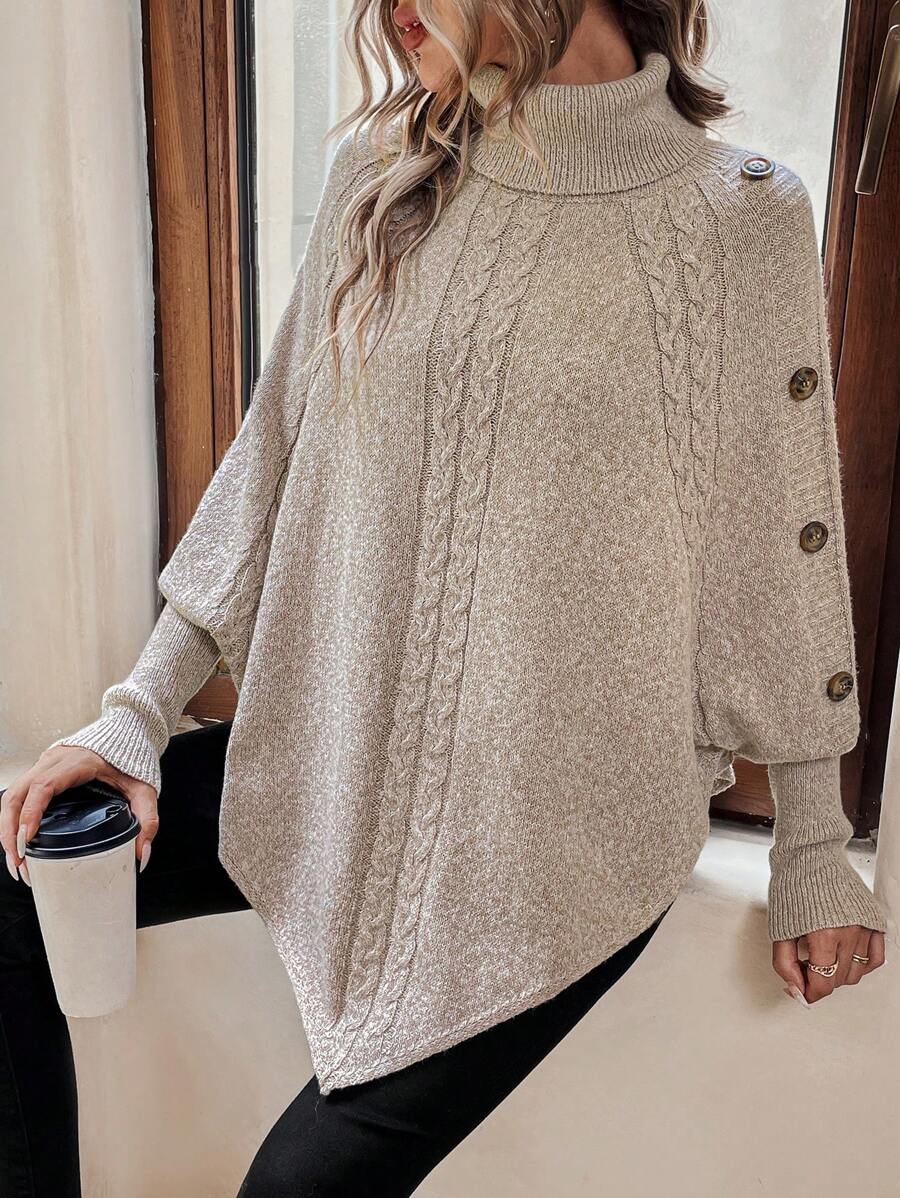 Alexis | Pull Poncho à Col Montant, Manches Chauve-Souris en Tricot Cable, Pullover Asymétrique