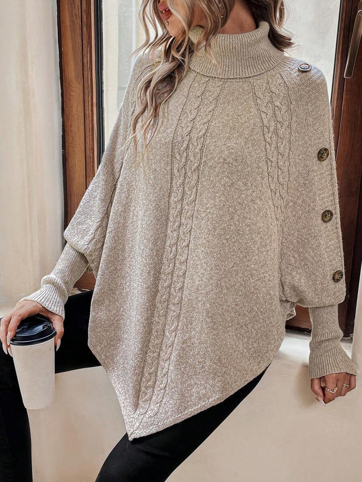 Alexis | Pull Poncho à Col Montant, Manches Chauve-Souris en Tricot Cable, Pullover Asymétrique