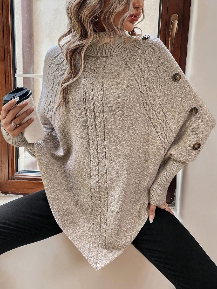 Alexis | Pull Poncho à Col Montant, Manches Chauve-Souris en Tricot Cable, Pullover Asymétrique