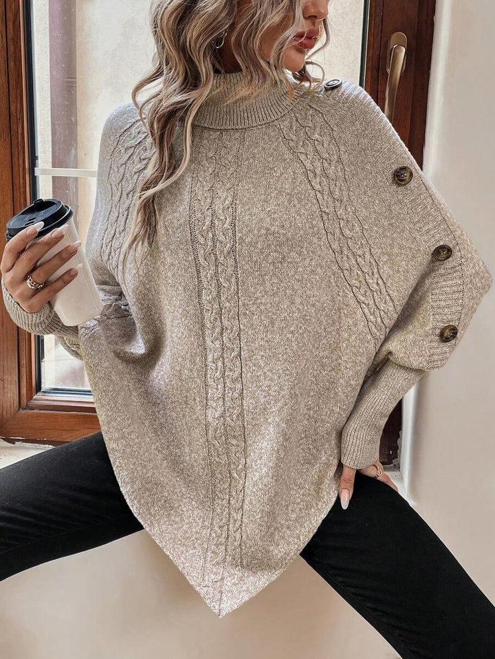 Alexis | Pull Poncho à Col Montant, Manches Chauve-Souris en Tricot Cable, Pullover Asymétrique