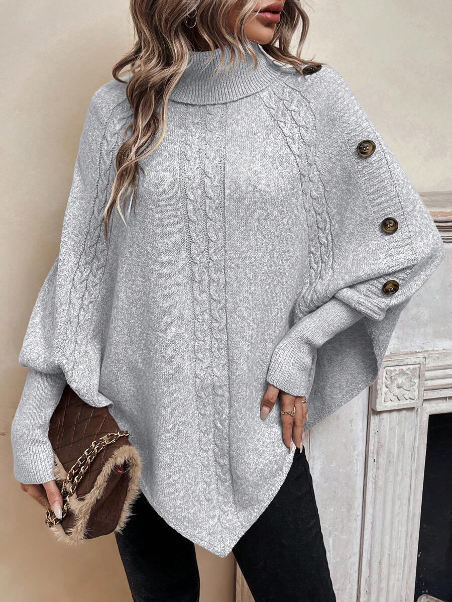 Alexis | Pull Poncho à Col Montant, Manches Chauve-Souris en Tricot Cable, Pullover Asymétrique