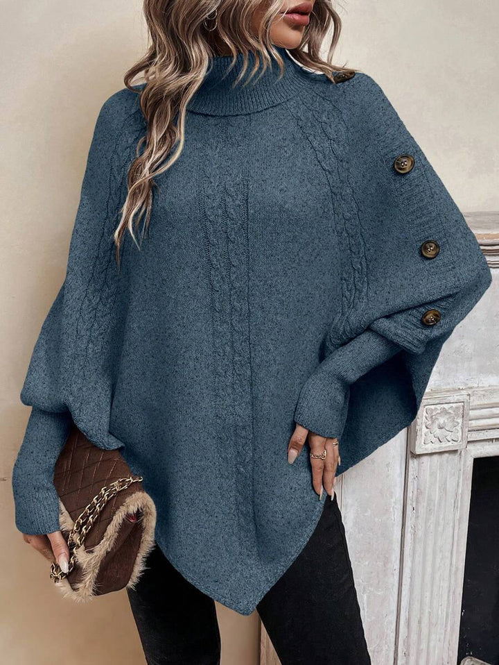 Alexis | Pull Poncho à Col Montant, Manches Chauve-Souris en Tricot Cable, Pullover Asymétrique