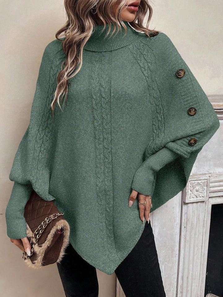 Alexis | Pull Poncho à Col Montant, Manches Chauve-Souris en Tricot Cable, Pullover Asymétrique
