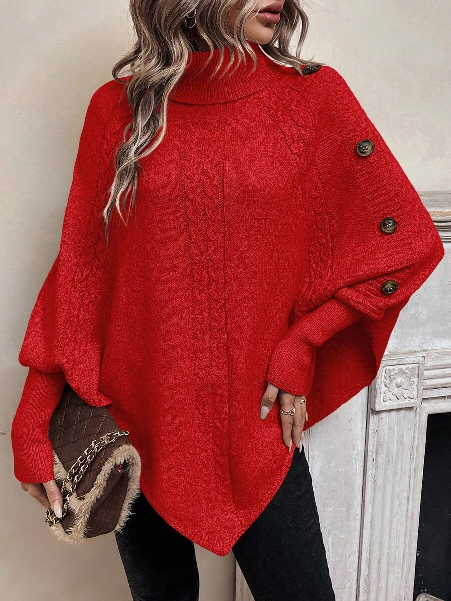 Alexis | Pull Poncho à Col Montant, Manches Chauve-Souris en Tricot Cable, Pullover Asymétrique