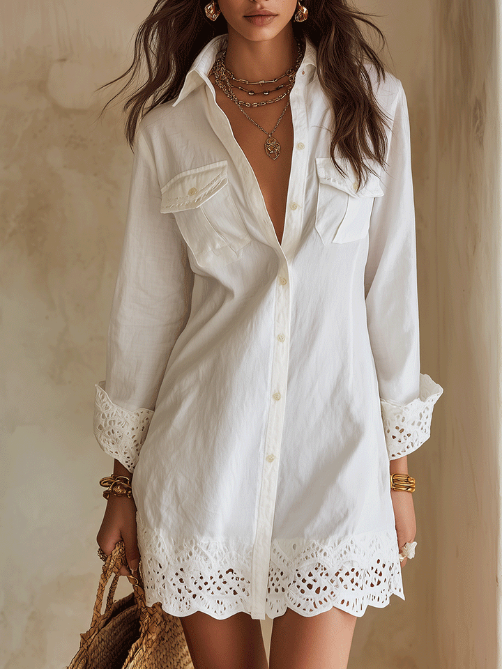 Robe Mini Chemise Blanche à Ourlet Brodé Bohémien
