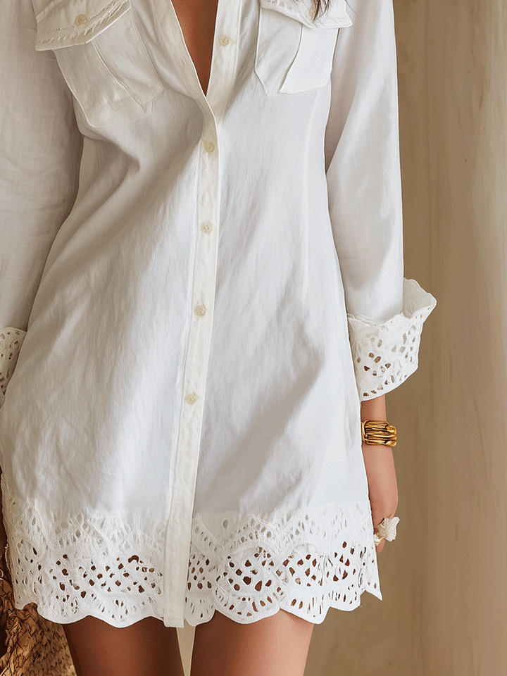 Robe Mini Chemise Blanche à Ourlet Brodé Bohémien