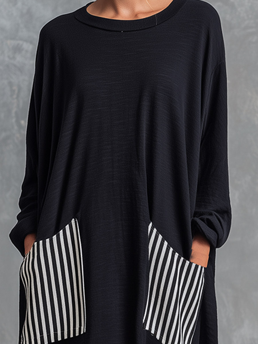 Stefania | Robe longue oversize en coton noir avec des rayures style patchwork