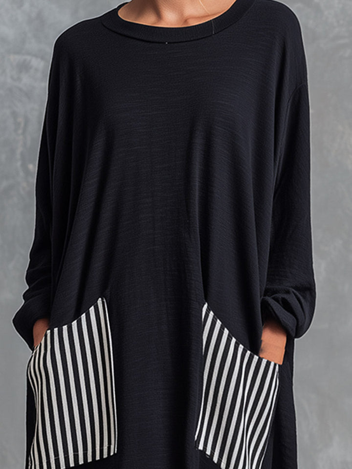 Stefania | Robe longue oversize en coton noir avec des rayures style patchwork