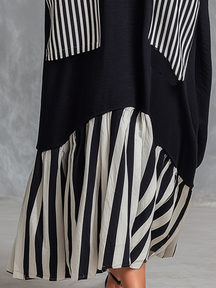 Stefania | Robe longue oversize en coton noir avec des rayures style patchwork