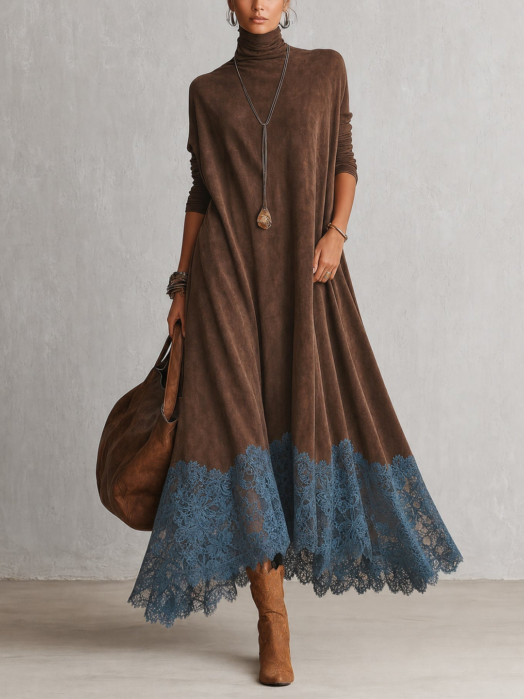 BRUNELLA | Robe Longue Effet Suédé avec Ourlet en Dentelle