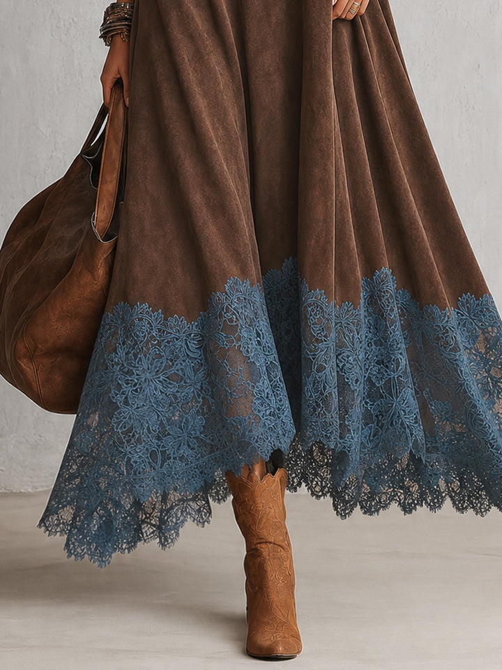 BRUNELLA | Robe Longue Effet Suédé avec Ourlet en Dentelle