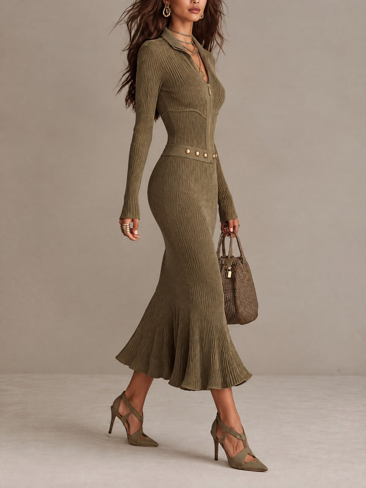 Marta | Robe midi en maille côtelée avec zip, bas en forme de queue de sirène et ceinture à clous