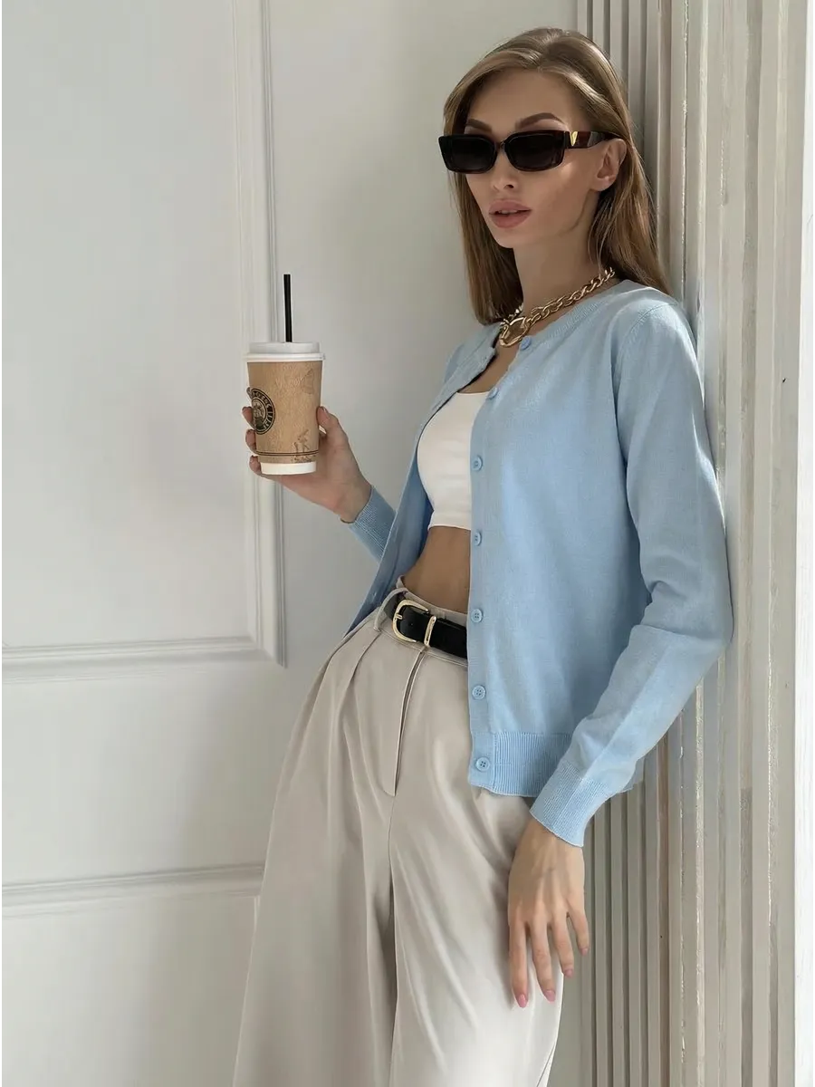 Cardigan femme boutonné — Bleu clair — vue 17